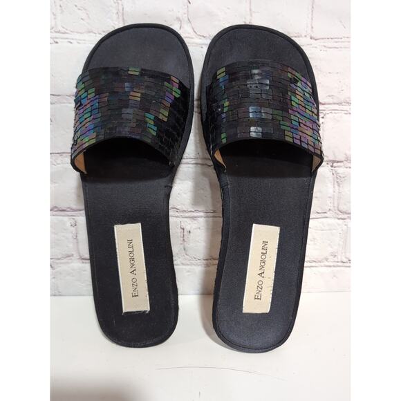 Enzo Angiolini Mathisrm Black Satin Sequin Slide Sandals Womans Size 9 Spain 39 - Picture 2 of 13